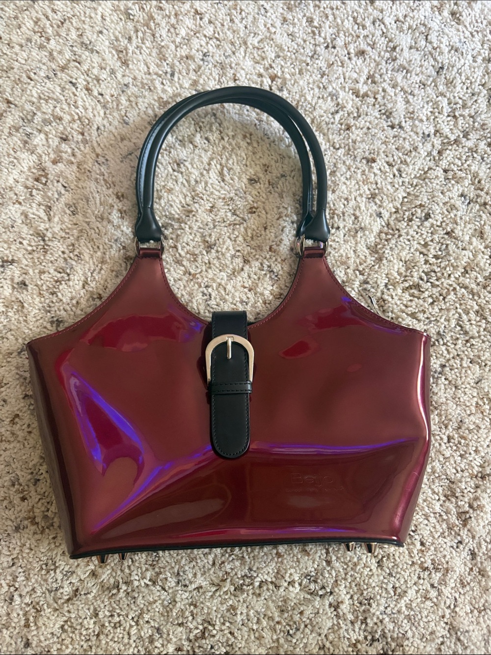 Beijo Patent Shoulder Bag in Wine with Black Trim